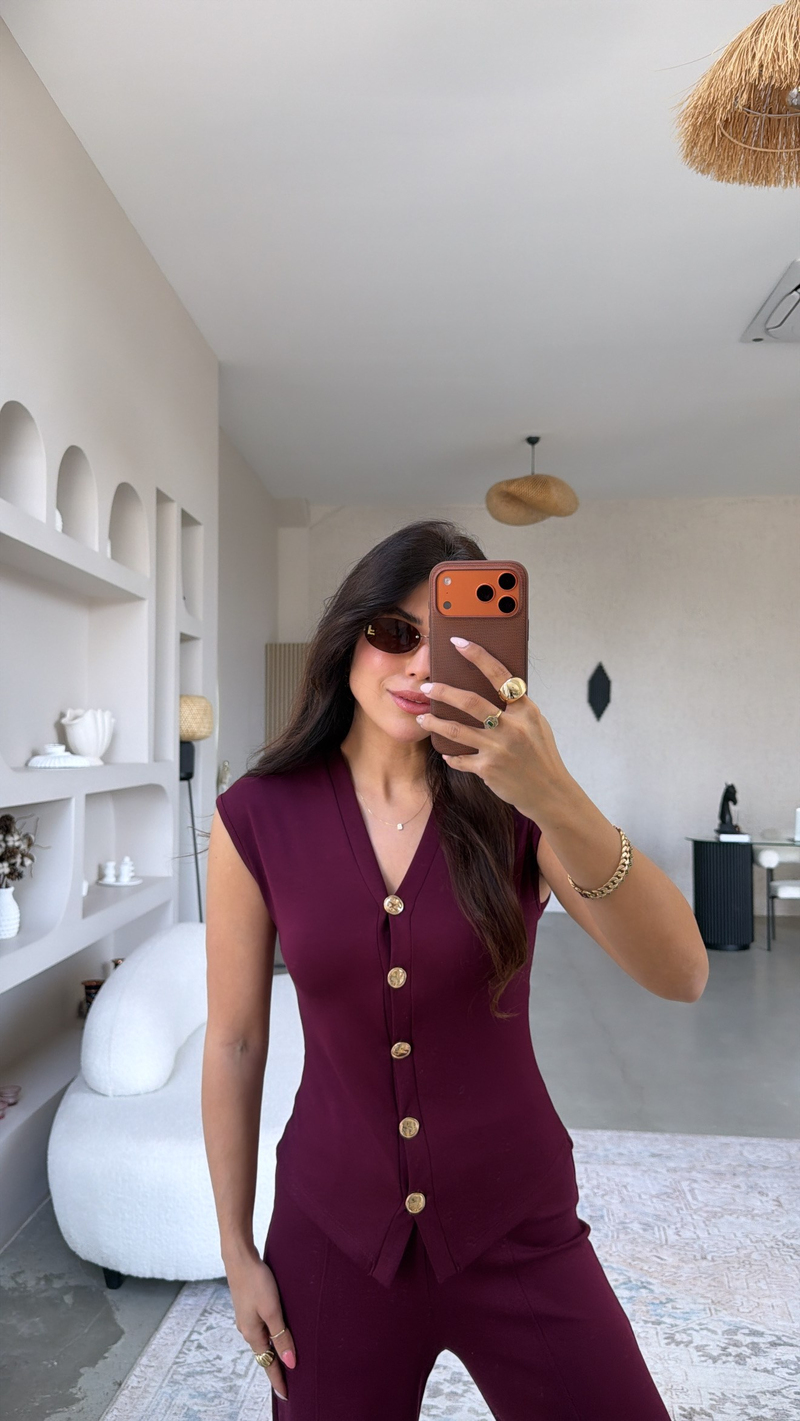 Bordo Modal Gold Düğmeli Yelekli Takım