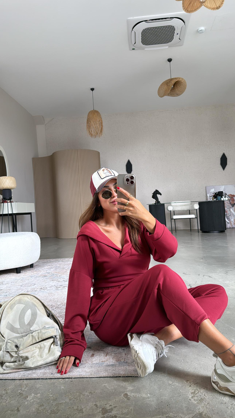 Bordo Modal Kapüşonlu Takım