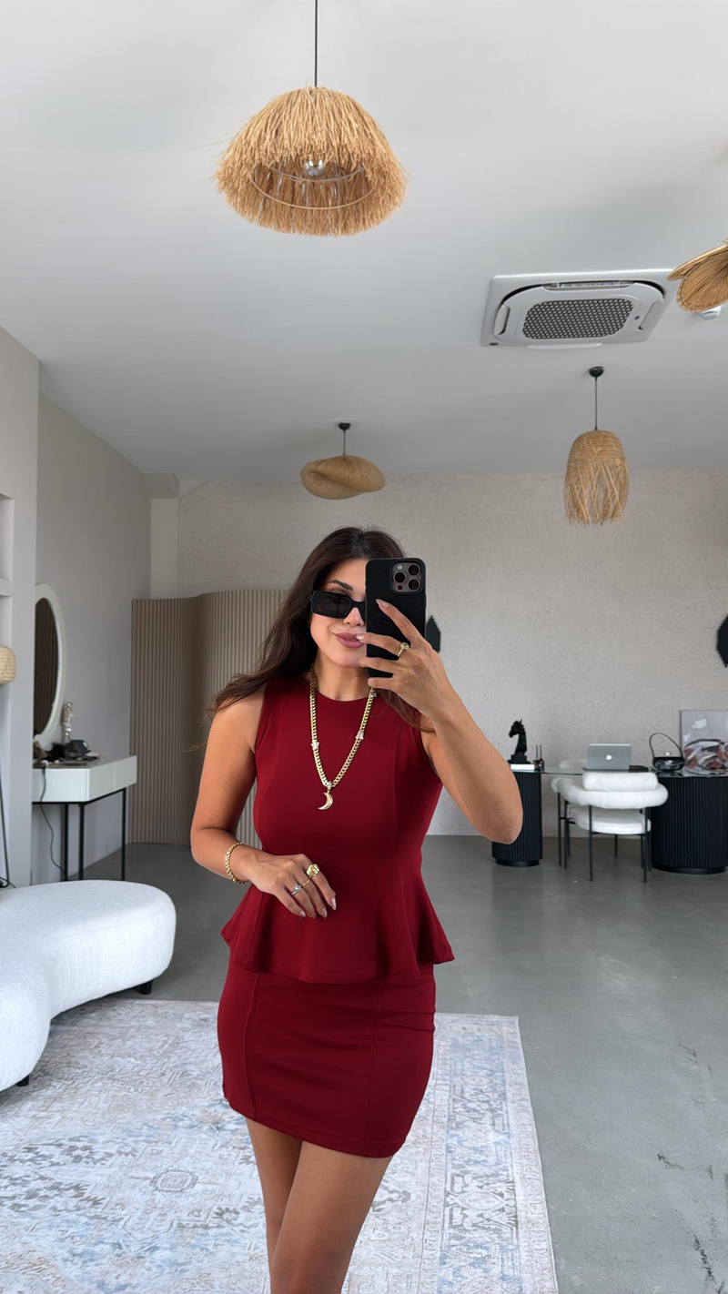 Bordo Modal Mini Etek Bluz Takım