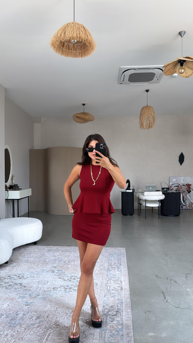 Bordo Modal Mini Etek Bluz Takım