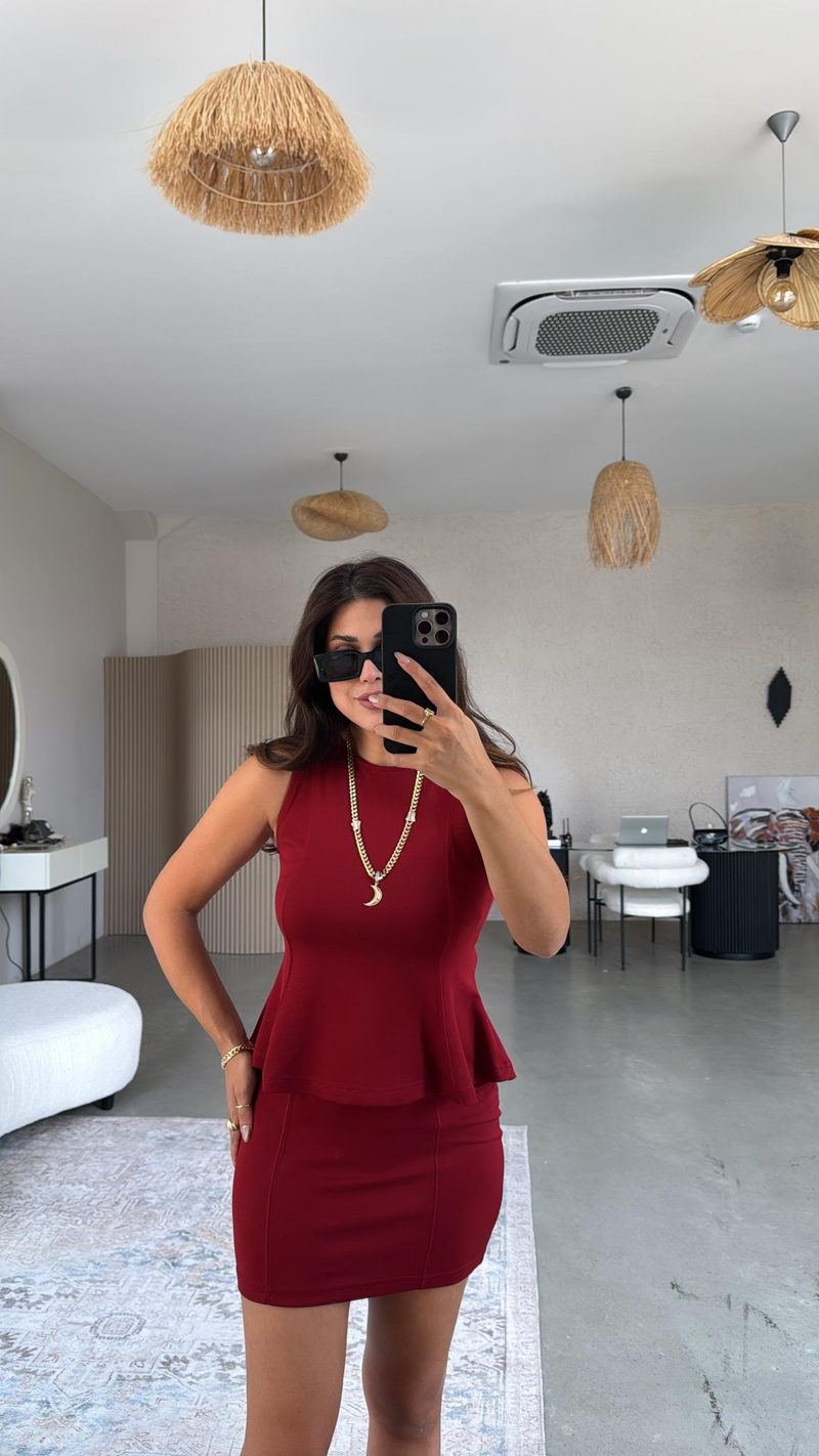 Bordo Modal Mini Etek Bluz Takım