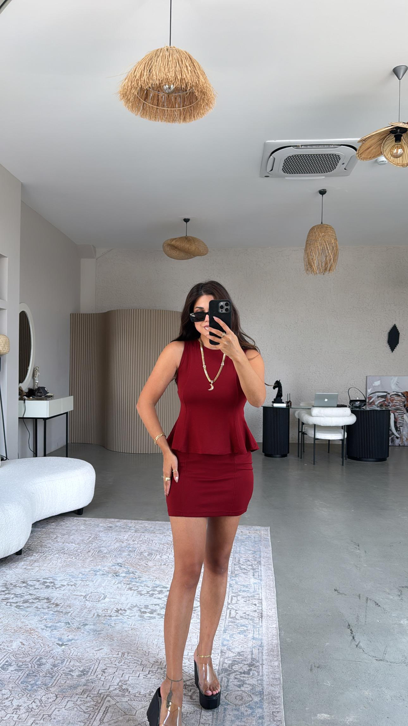 Bordo Modal Mini Etek Bluz Takım