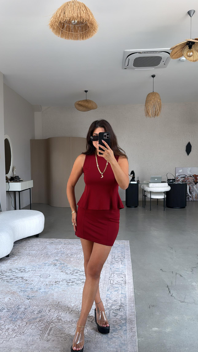 Bordo Modal Mini Etek Bluz Takım