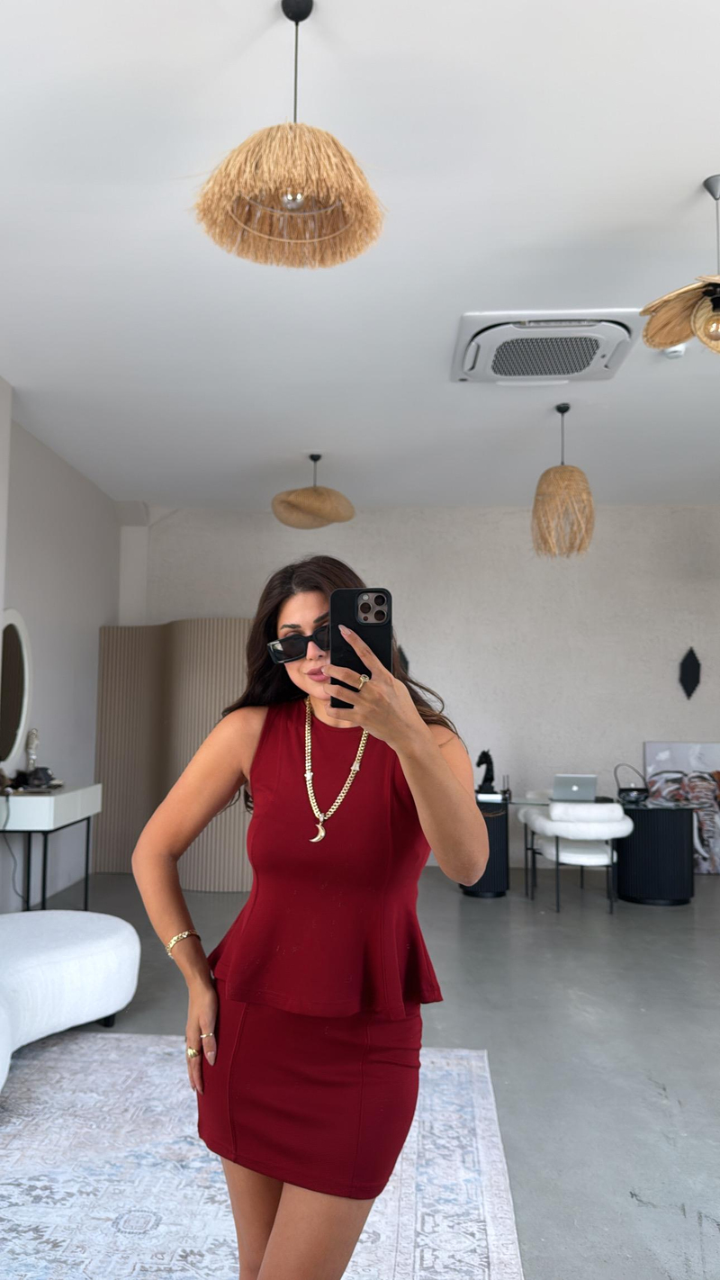 Bordo Modal Mini Etek Bluz Takım