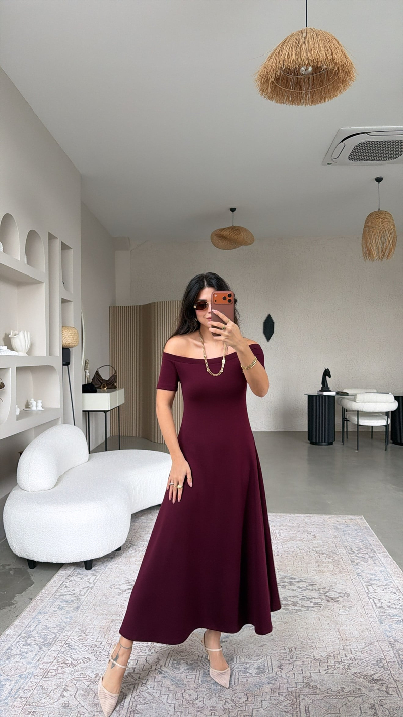 Bordo Modal Omzu Açık ZR Model Elbise
