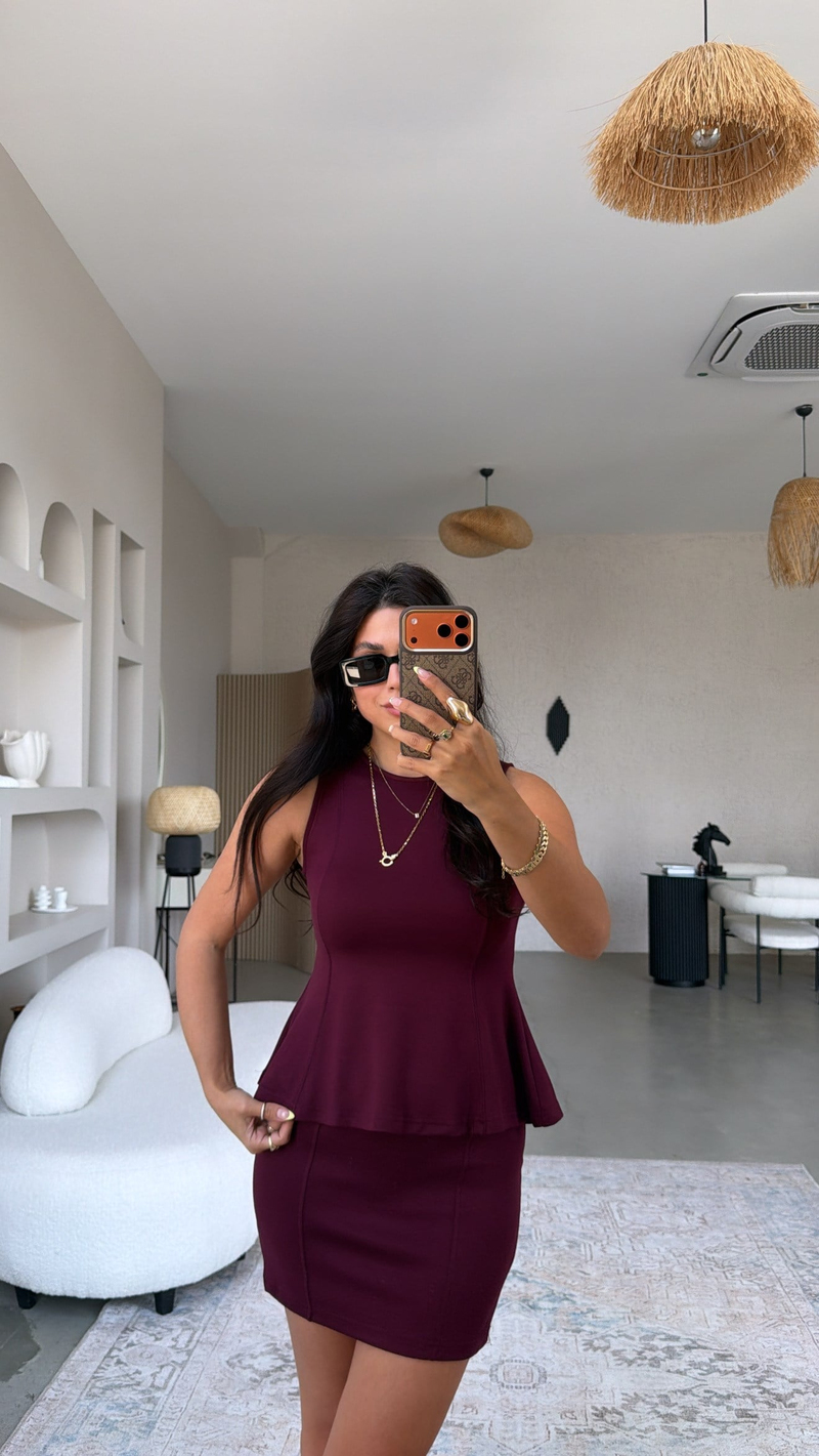Bordo Modal Volanlı Bluz Mini Etek Takım