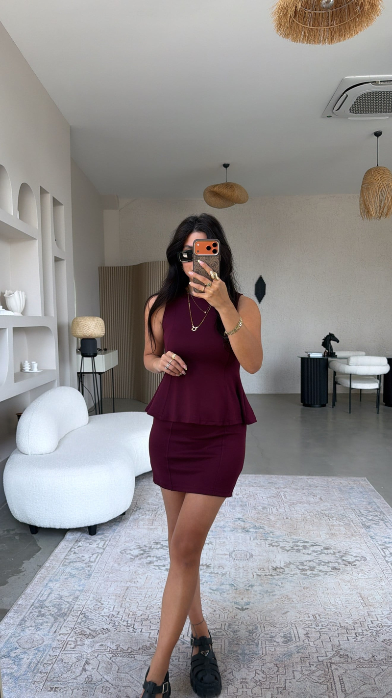 Bordo Modal Volanlı Bluz Mini Etek Takım