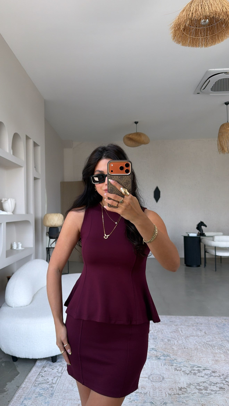 Bordo Modal Volanlı Bluz Mini Etek Takım