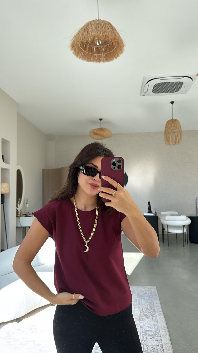 Bordo Omuz Detaylı Tshirt