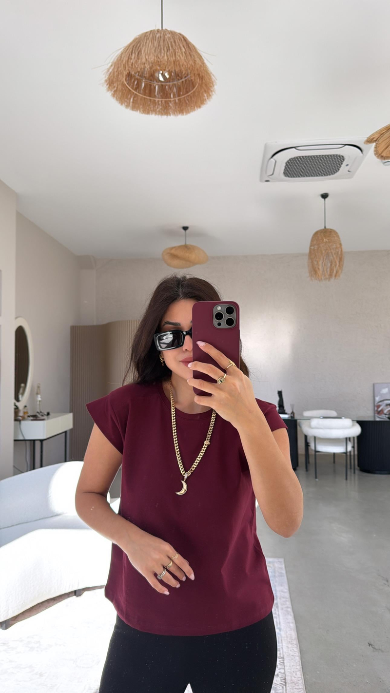 Bordo Omuz Detaylı Tshirt