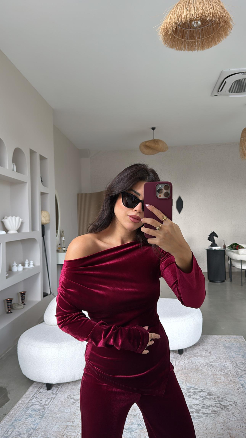 Bordo Omuz Drape Detay Bluz