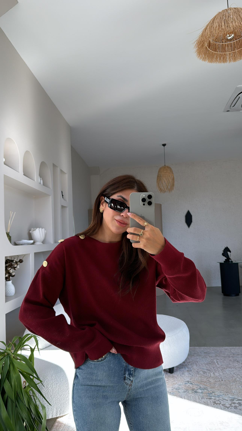 Bordo Omzu Gold Düğme Detaylı Triko