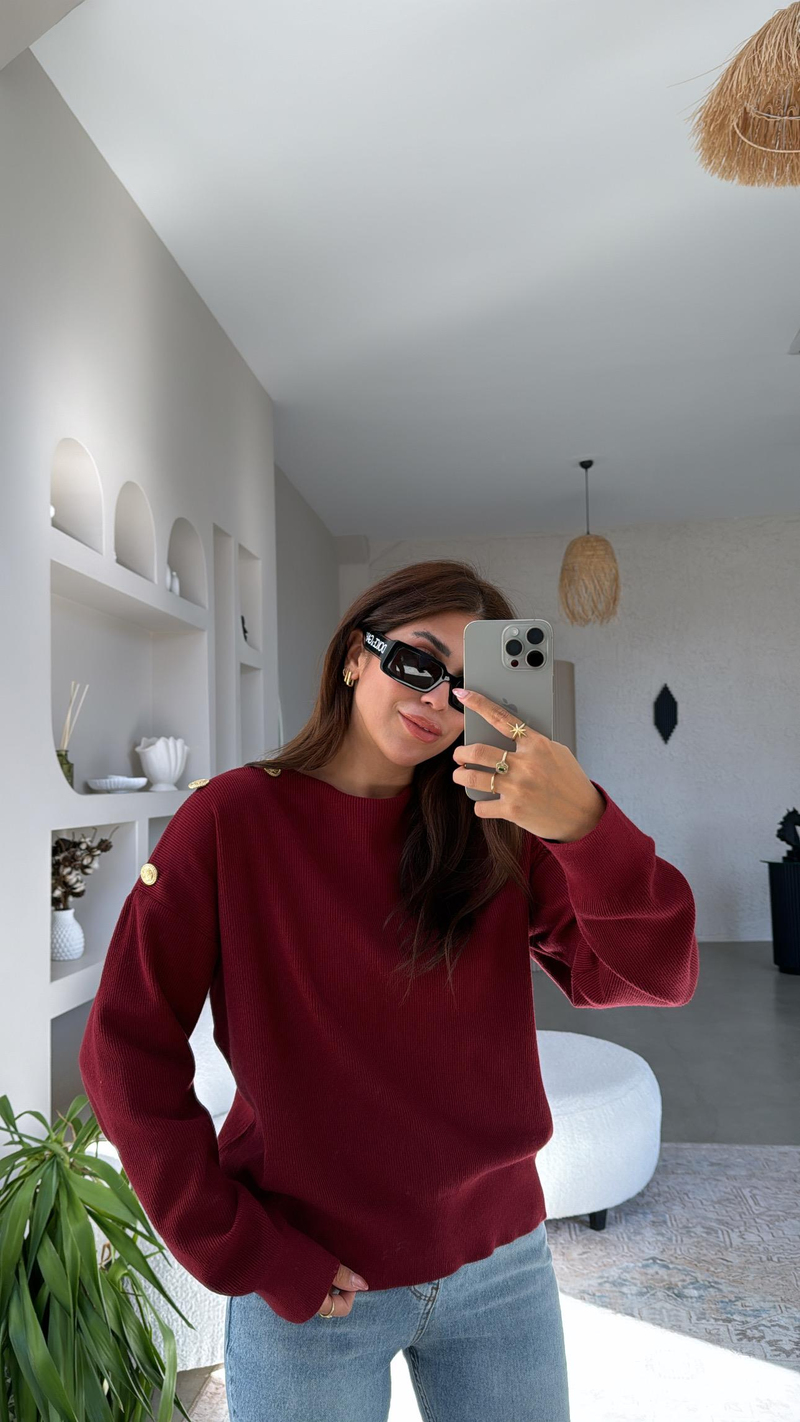 Bordo Omzu Gold Düğme Detaylı Triko