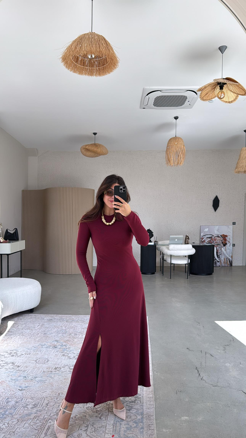 Bordo Ottoman Yırtmaç Detaylı Elbise