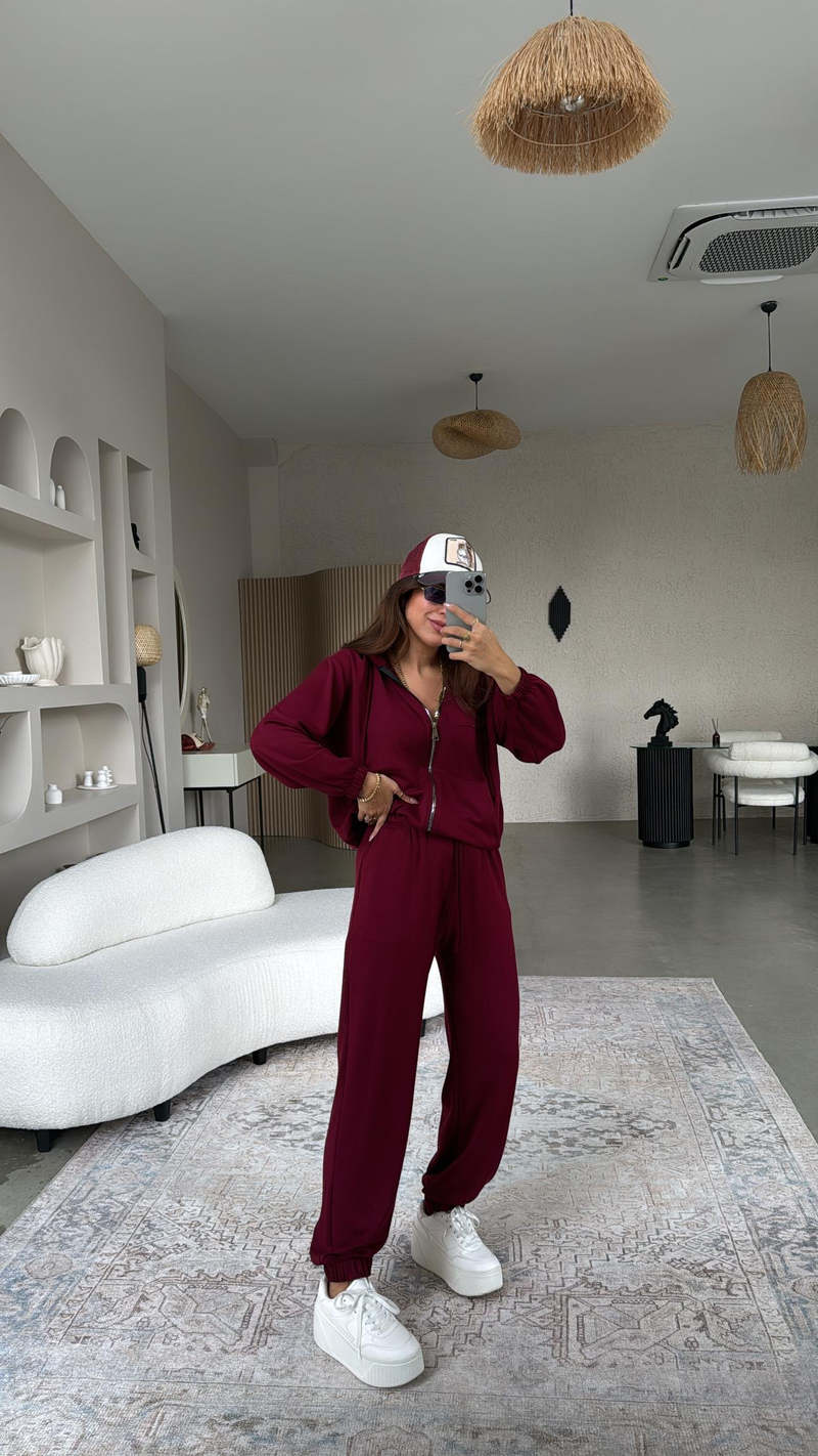 Bordo Paça Lastikli Fermuarlı Ceketli Takım