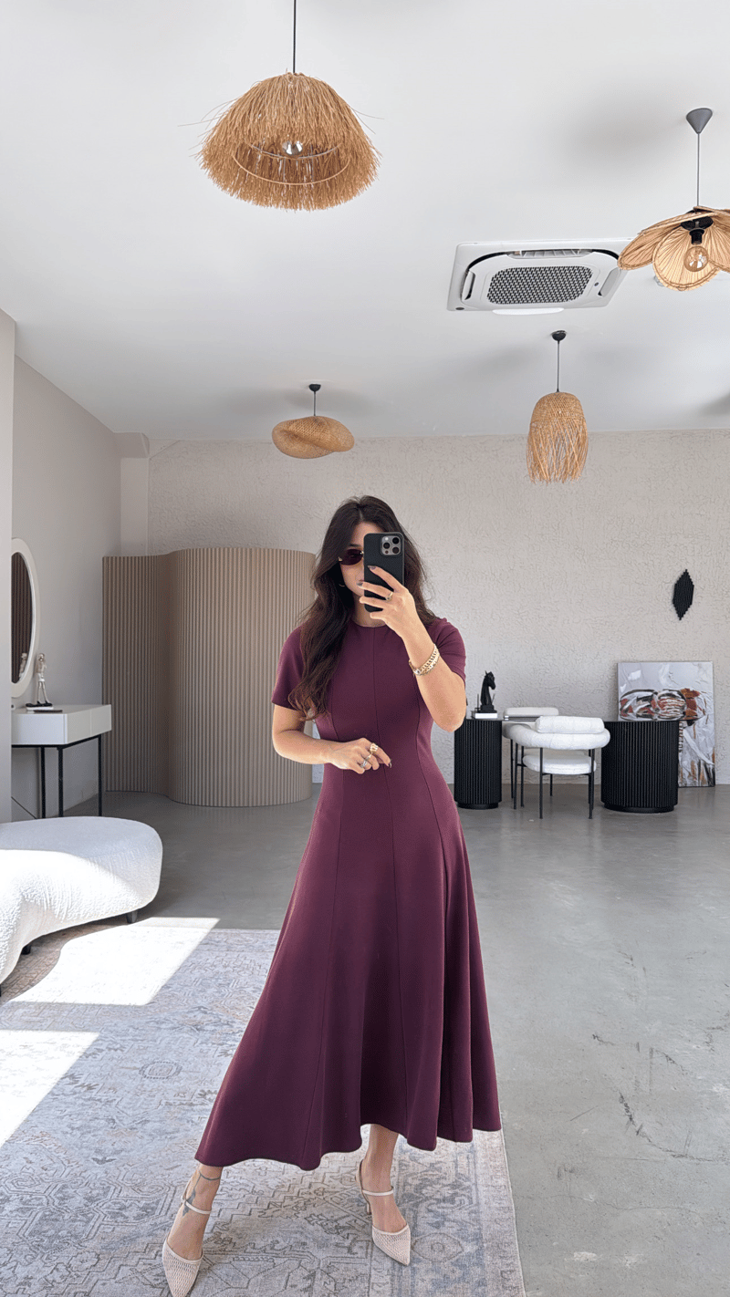 Bordo Parçalı Massi Model Maxi Elbise
