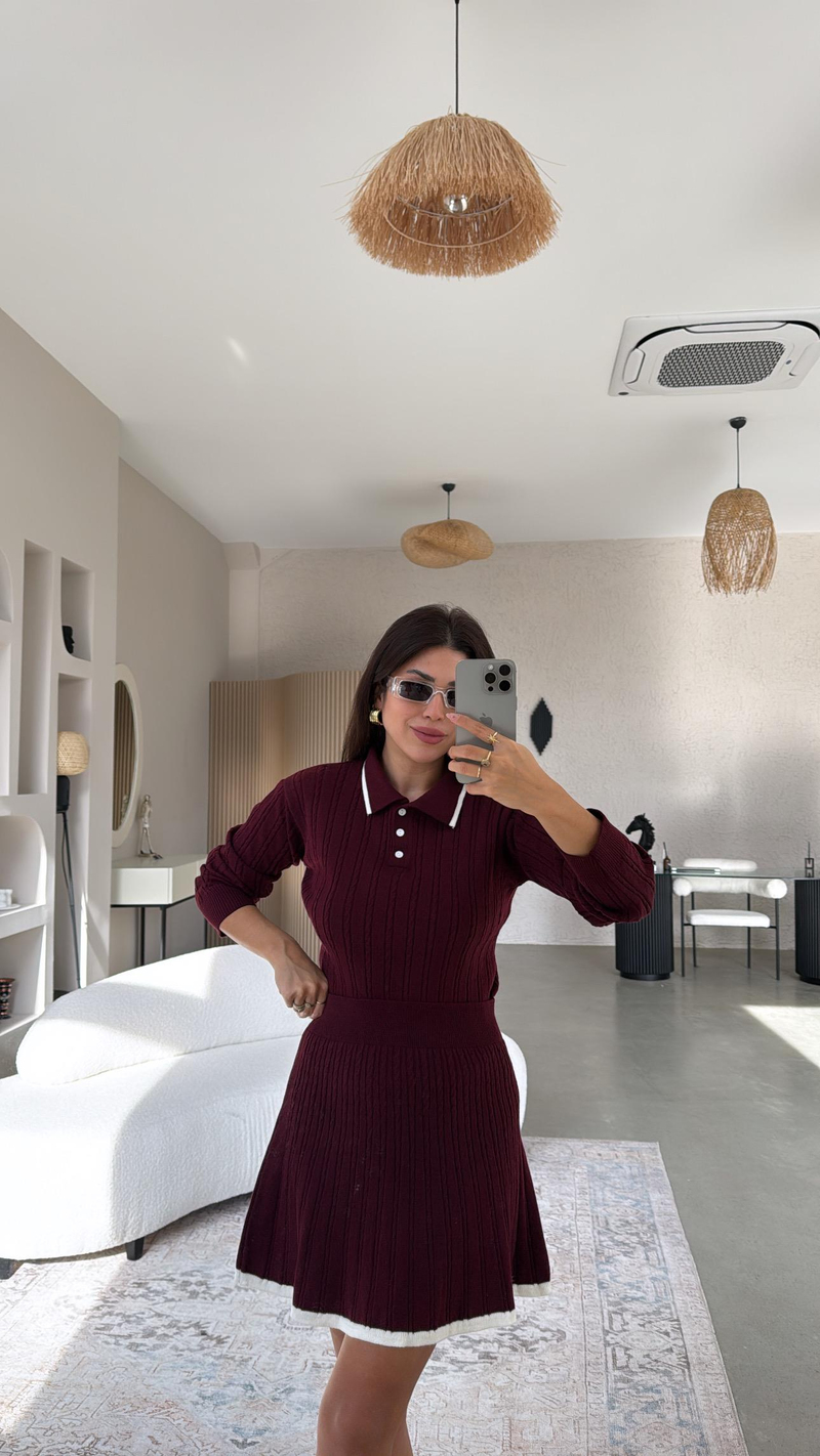 Bordo Polo Yaka Biyeli Etekli Takım