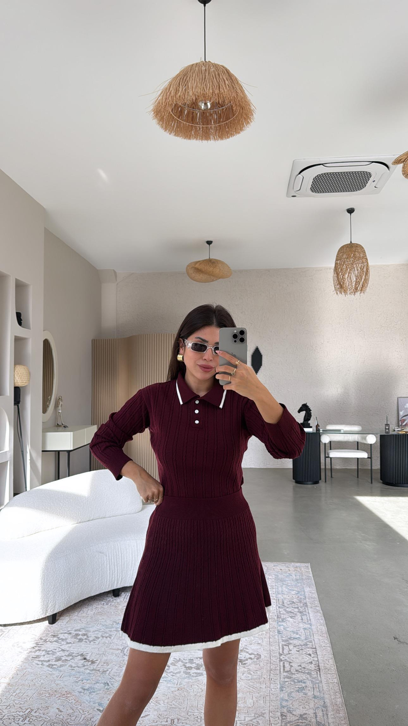 Bordo Polo Yaka Biyeli Etekli Takım