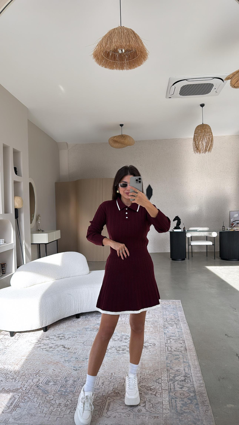 Bordo Polo Yaka Biyeli Etekli Takım