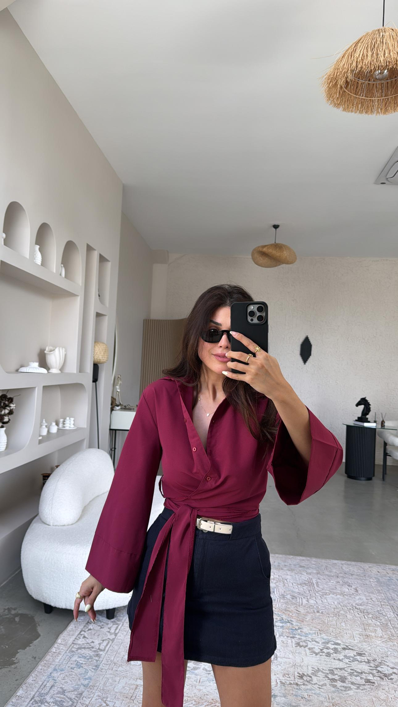 Bordo Poplin Bağlamalı Gömlek
