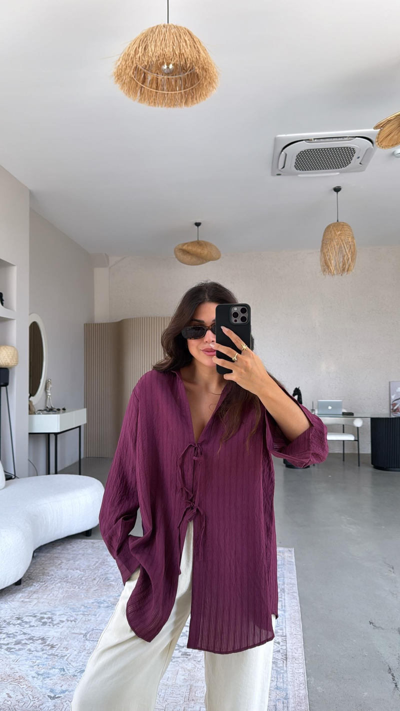 Bordo Premium Bağlamalı Gömlek Bluz
