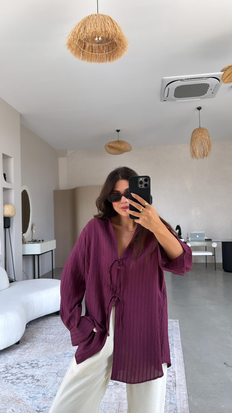 Bordo Premium Bağlamalı Gömlek Bluz