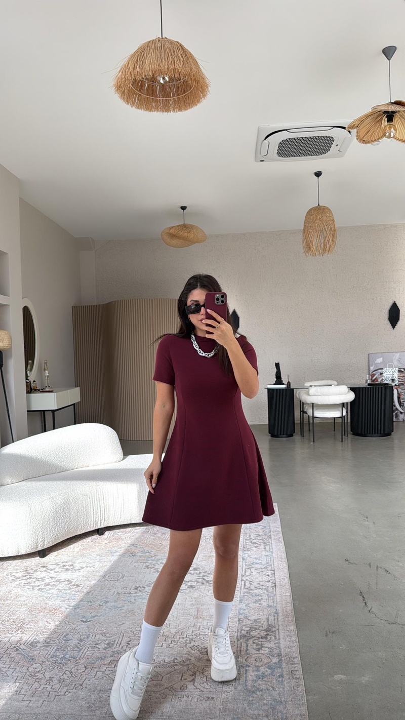 Bordo Selanik Triko Çan Elbise
