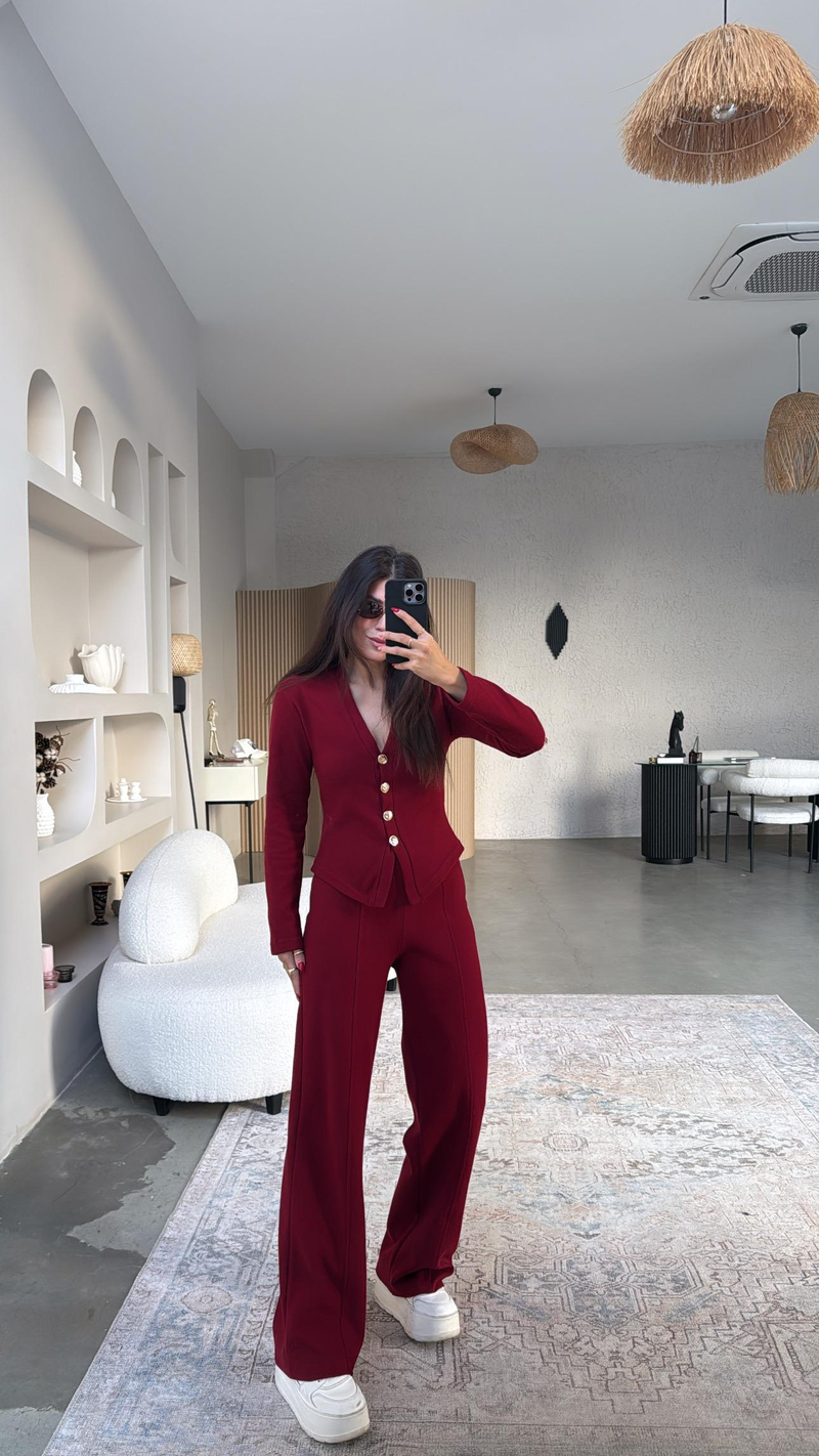 Bordo Selanik Triko ZR model Hırka Pantolon Takım