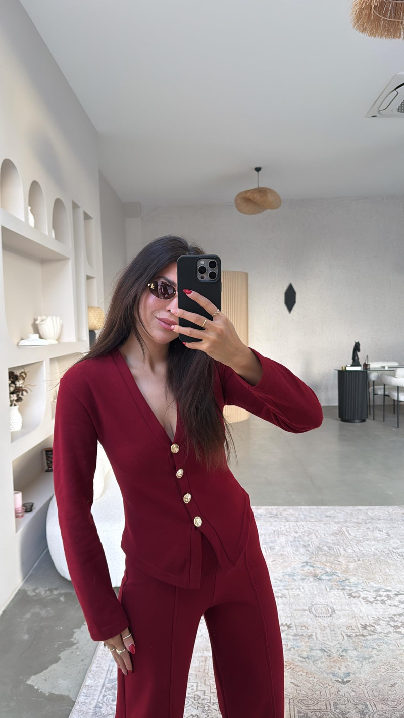 Bordo Selanik Triko ZR model Hırka Pantolon Takım