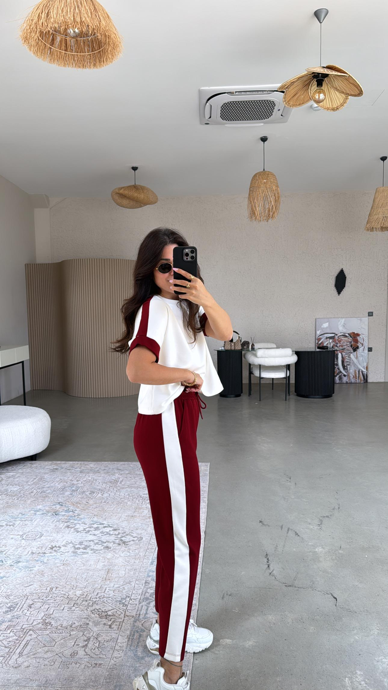 Bordo Şeritli Modal Takım