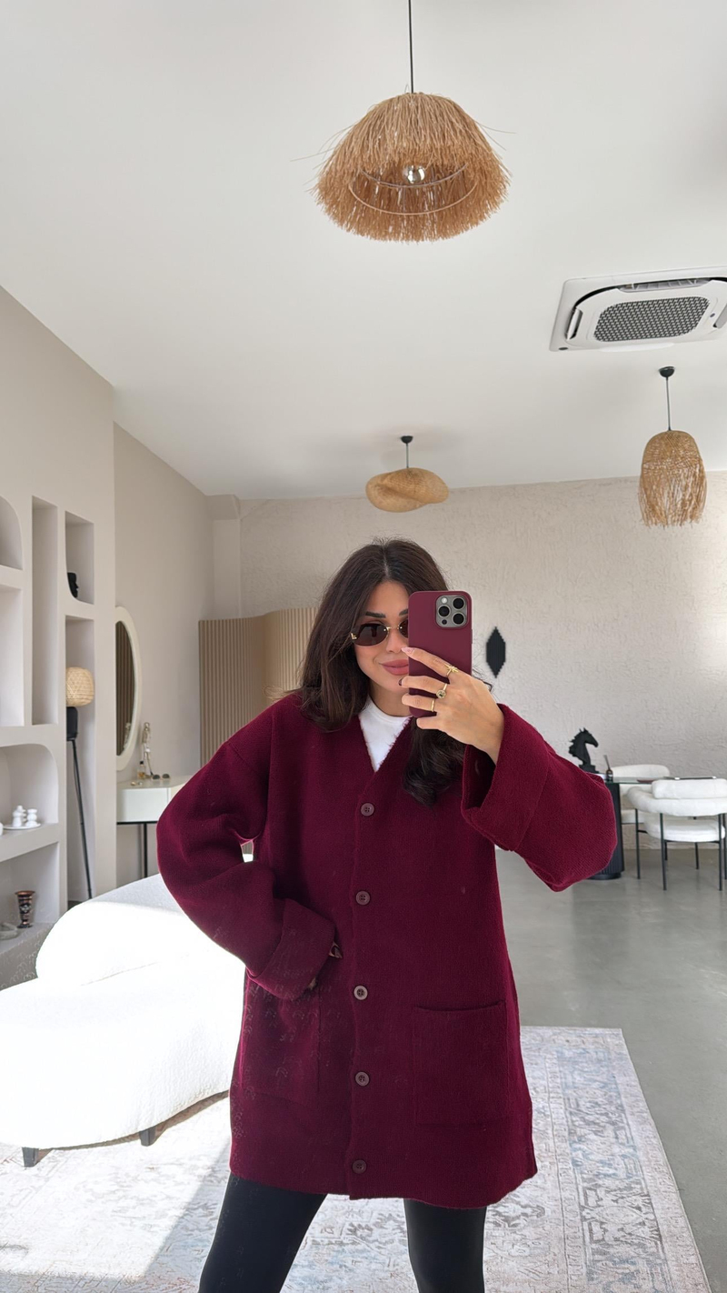 Bordo Sık Triko Salaş Ceket Hırka