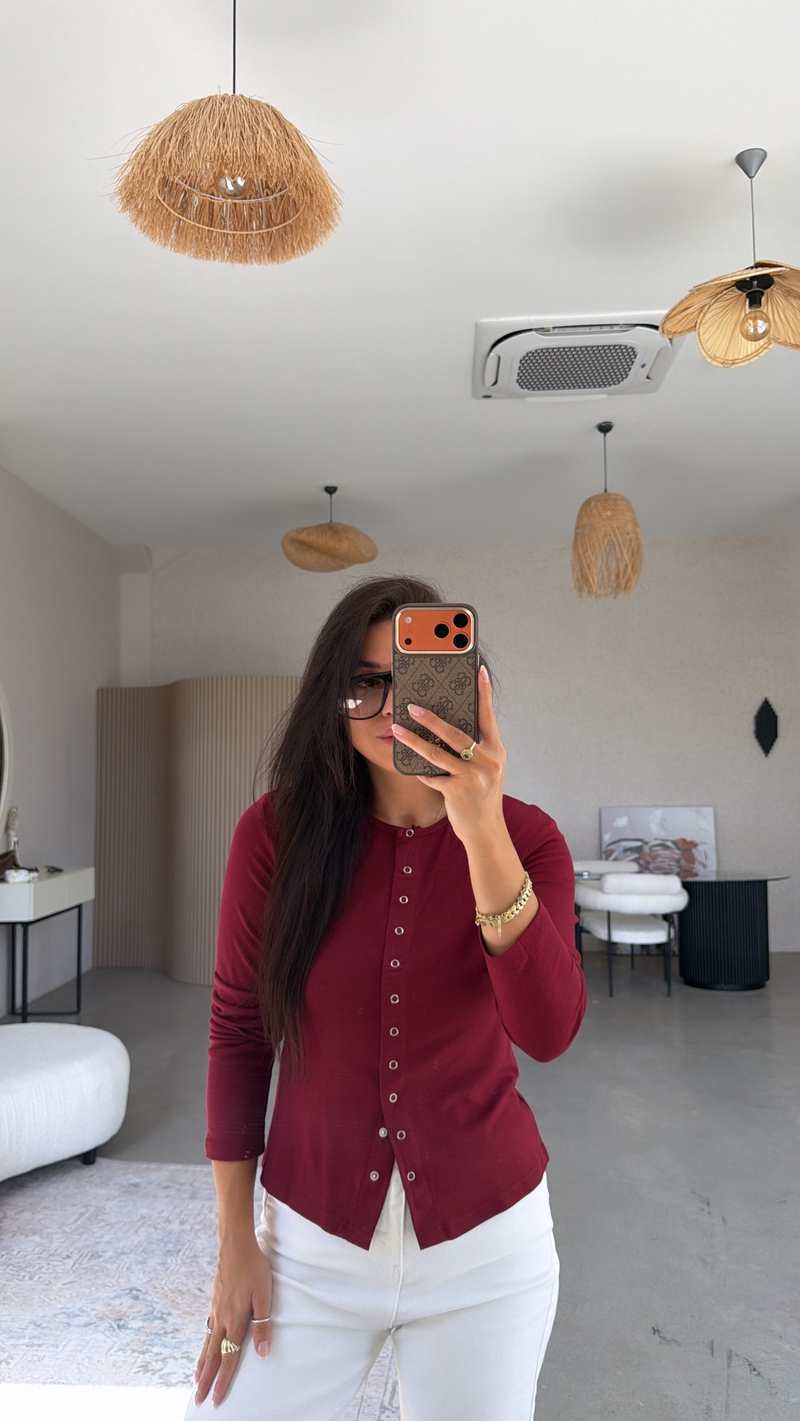 Bordo Tam Boy Çıtçıt Modal Bluz
