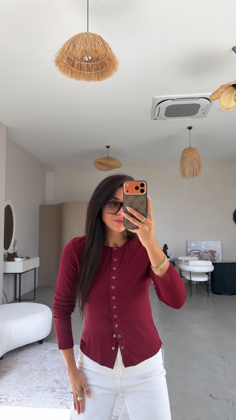 Bordo Tam Boy Çıtçıt Modal Bluz