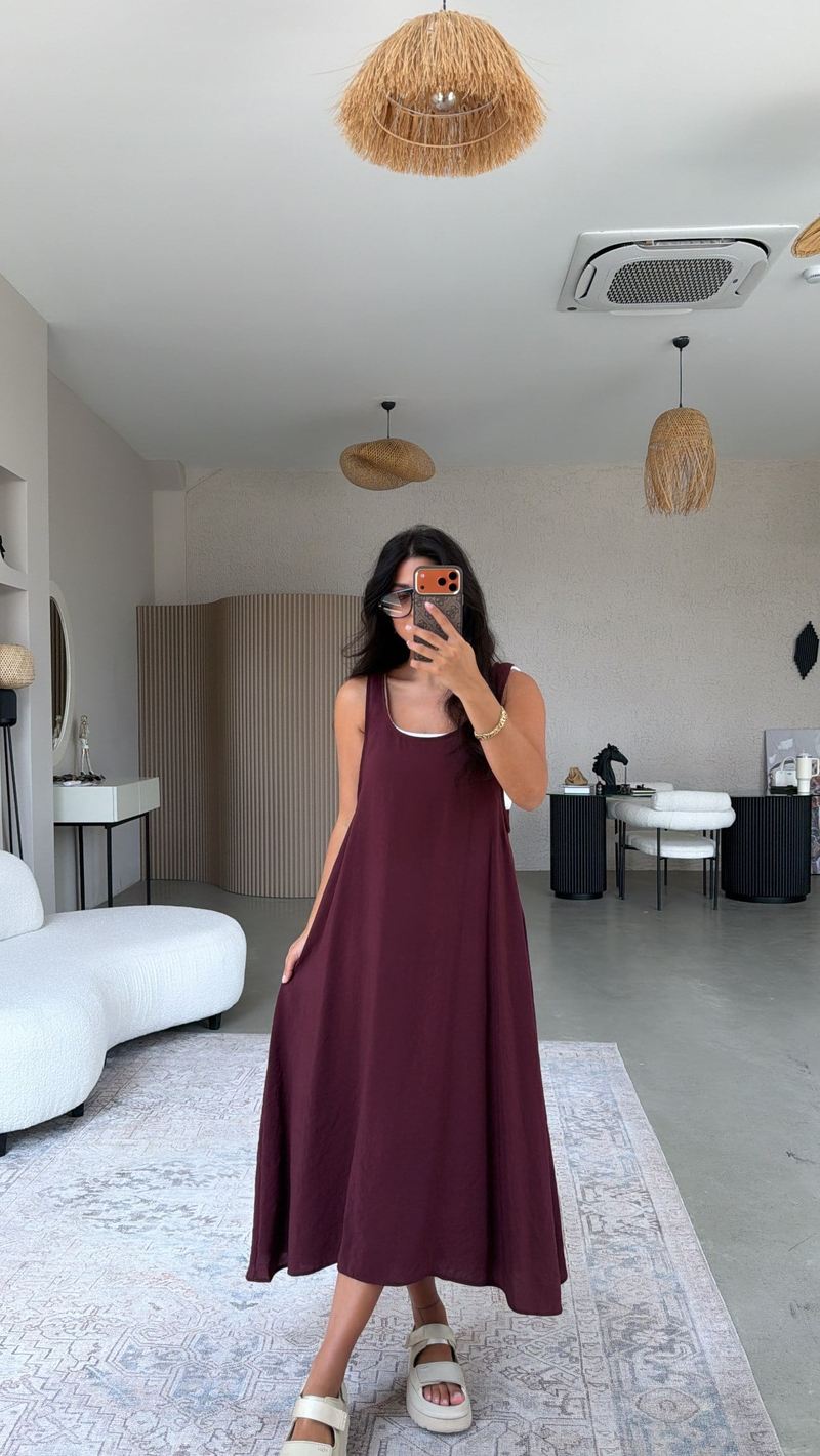 Bordo Tensel Kumaş Oval Yakalı Uzun Kiloş Elbise