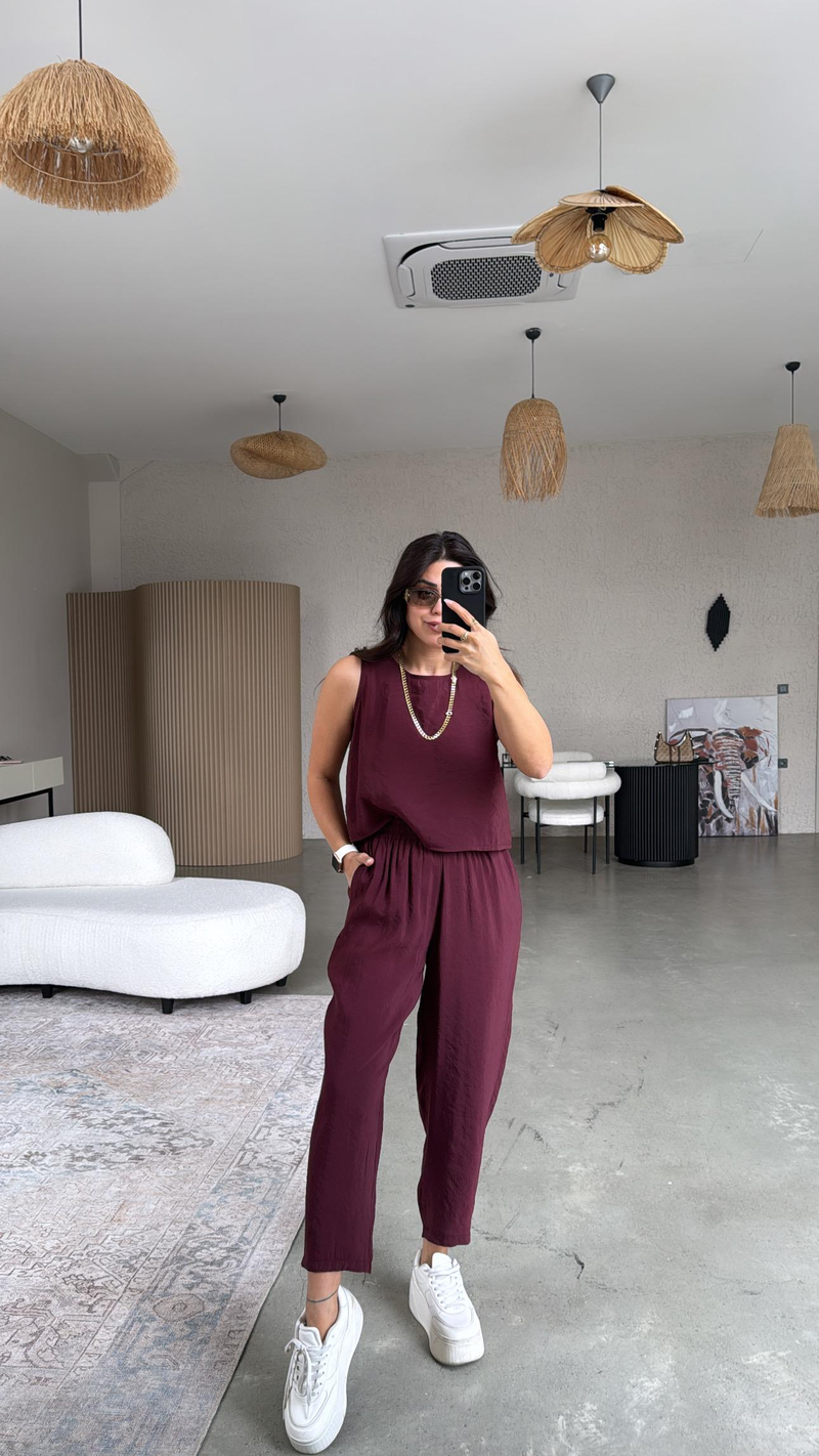 Bordo Tensel Pantolon Bluz Takım