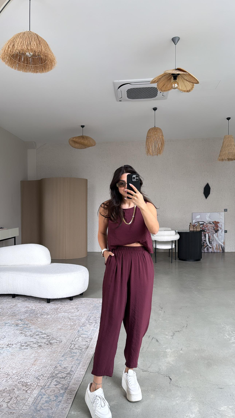 Bordo Tensel Pantolon Bluz Takım