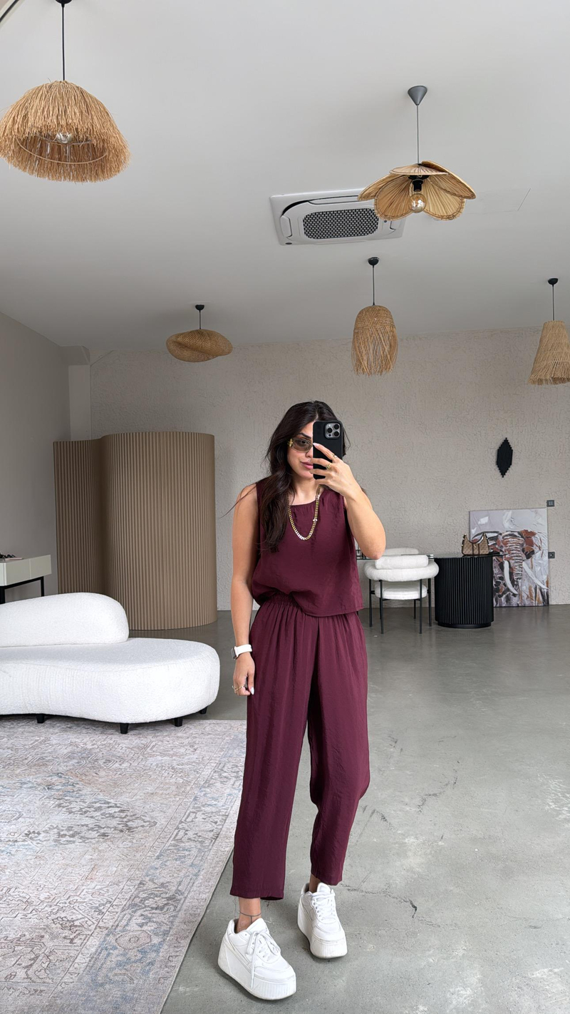 Bordo Tensel Pantolon Bluz Takım