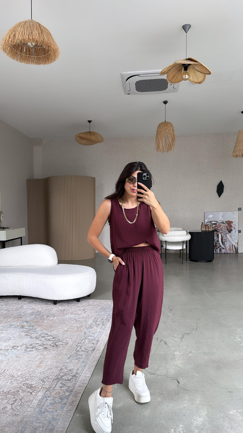 Bordo Tensel Pantolon Bluz Takım