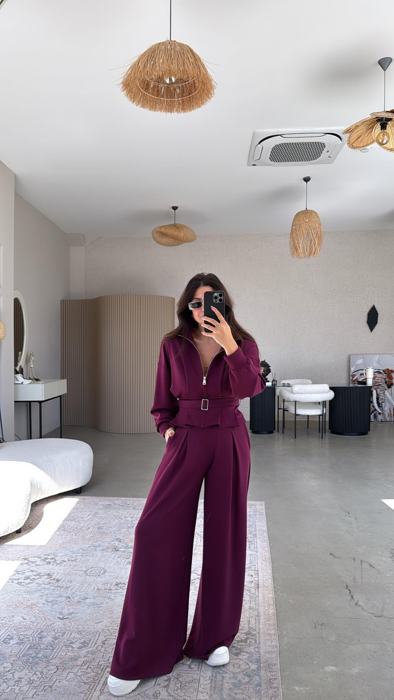 Bordo Tokalı Ceketli Pantolon Takım