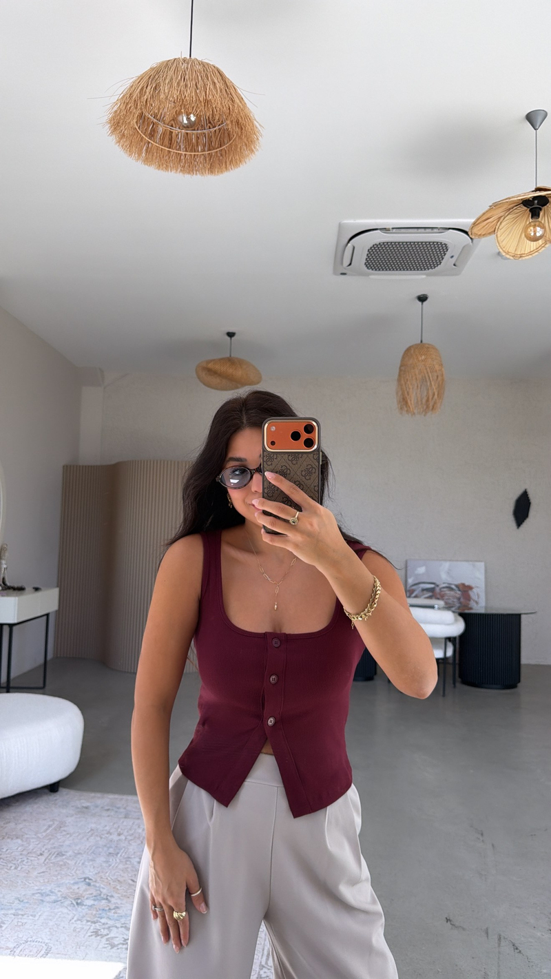 Bordo Üç Düğme Ribana Atlet