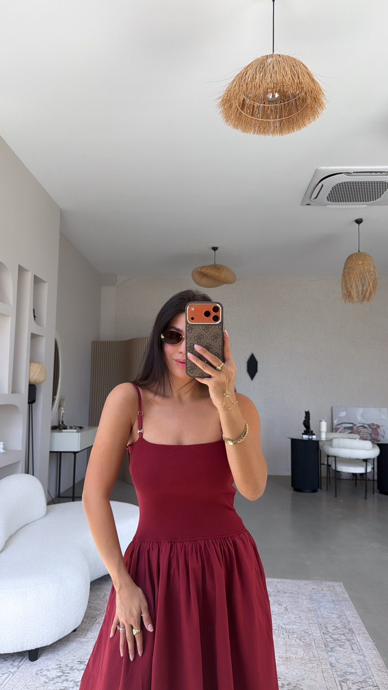 Bordo Üstü Ribana Altı Poplin Kumaş Elbise