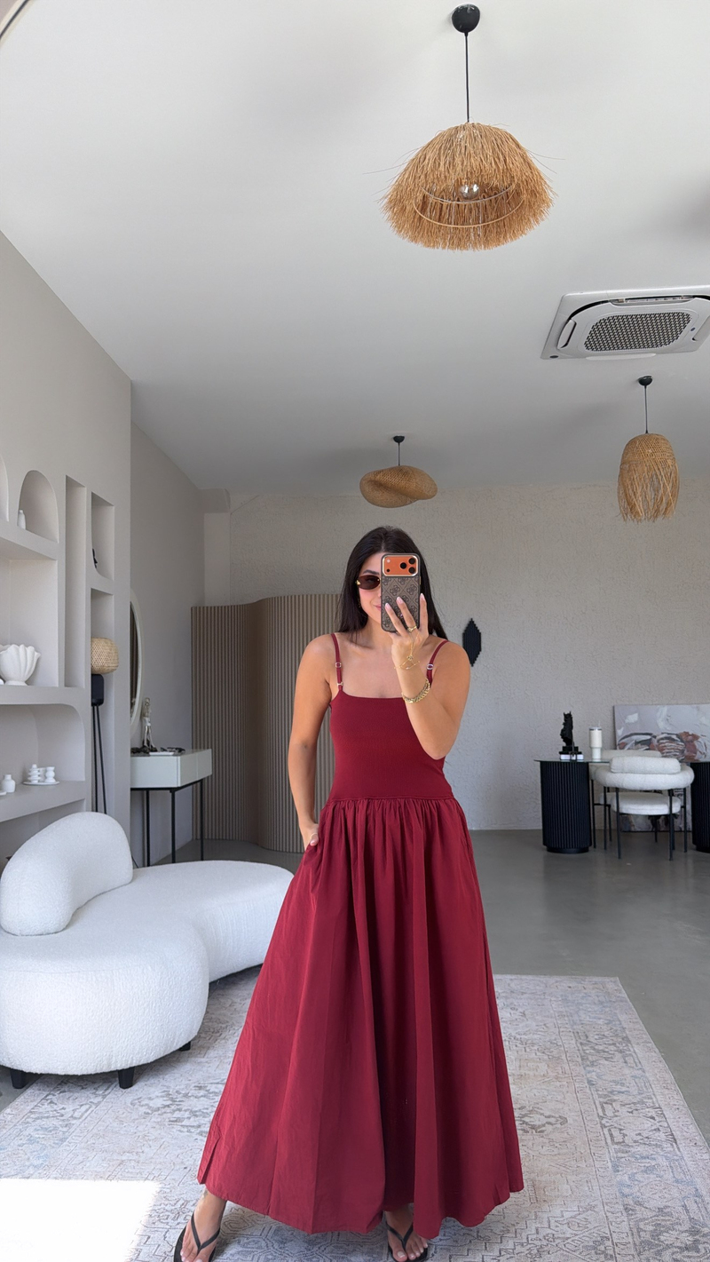Bordo Üstü Ribana Altı Poplin Kumaş Elbise