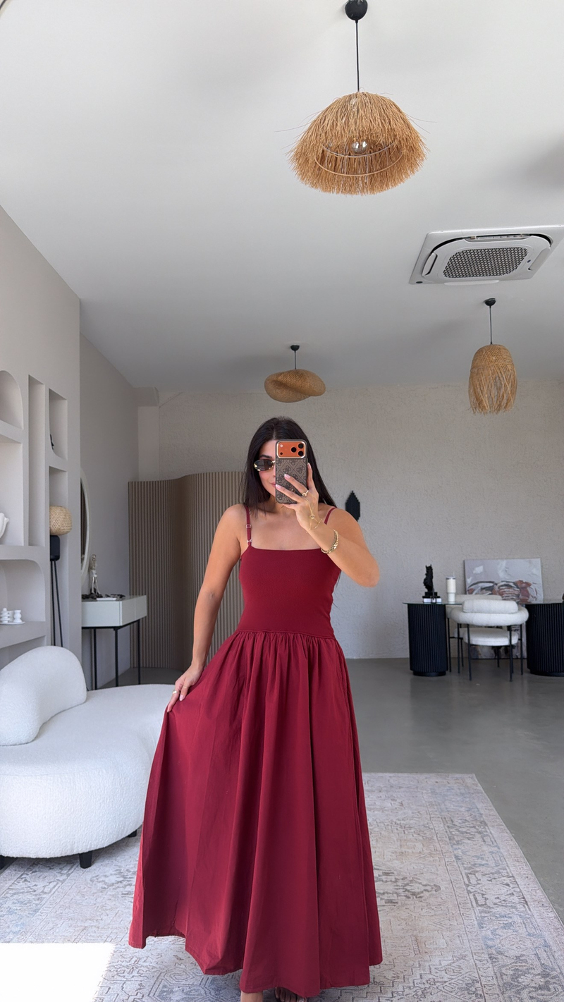 Bordo Üstü Ribana Altı Poplin Kumaş Elbise