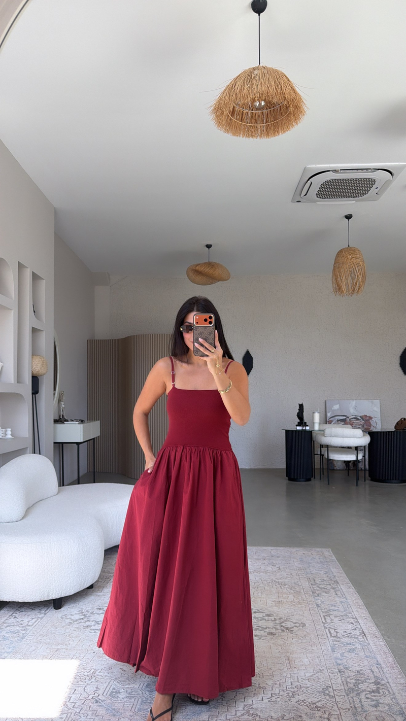 Bordo Üstü Ribana Altı Poplin Kumaş Elbise