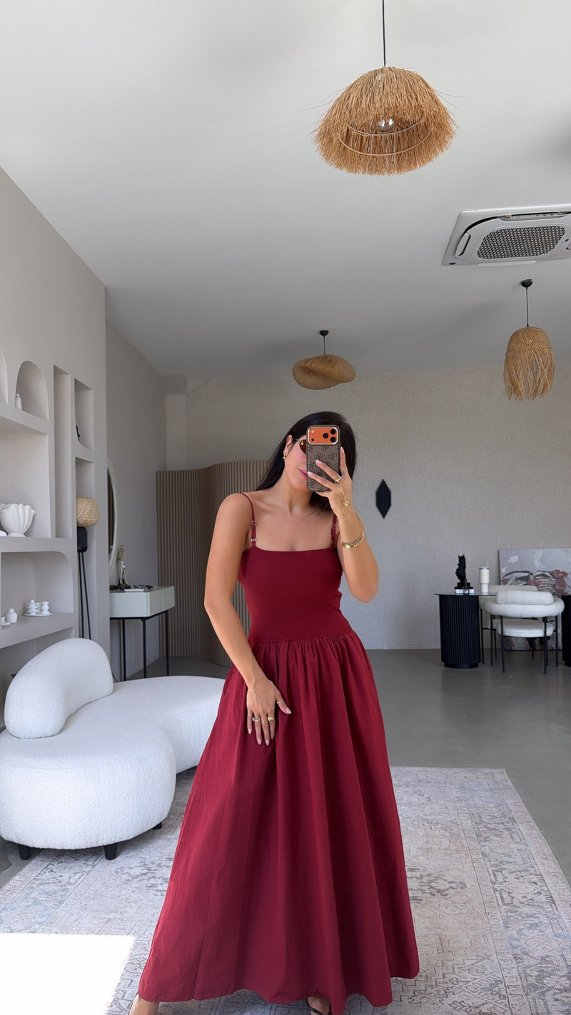 Bordo Üstü Ribana Altı Poplin Kumaş Elbise