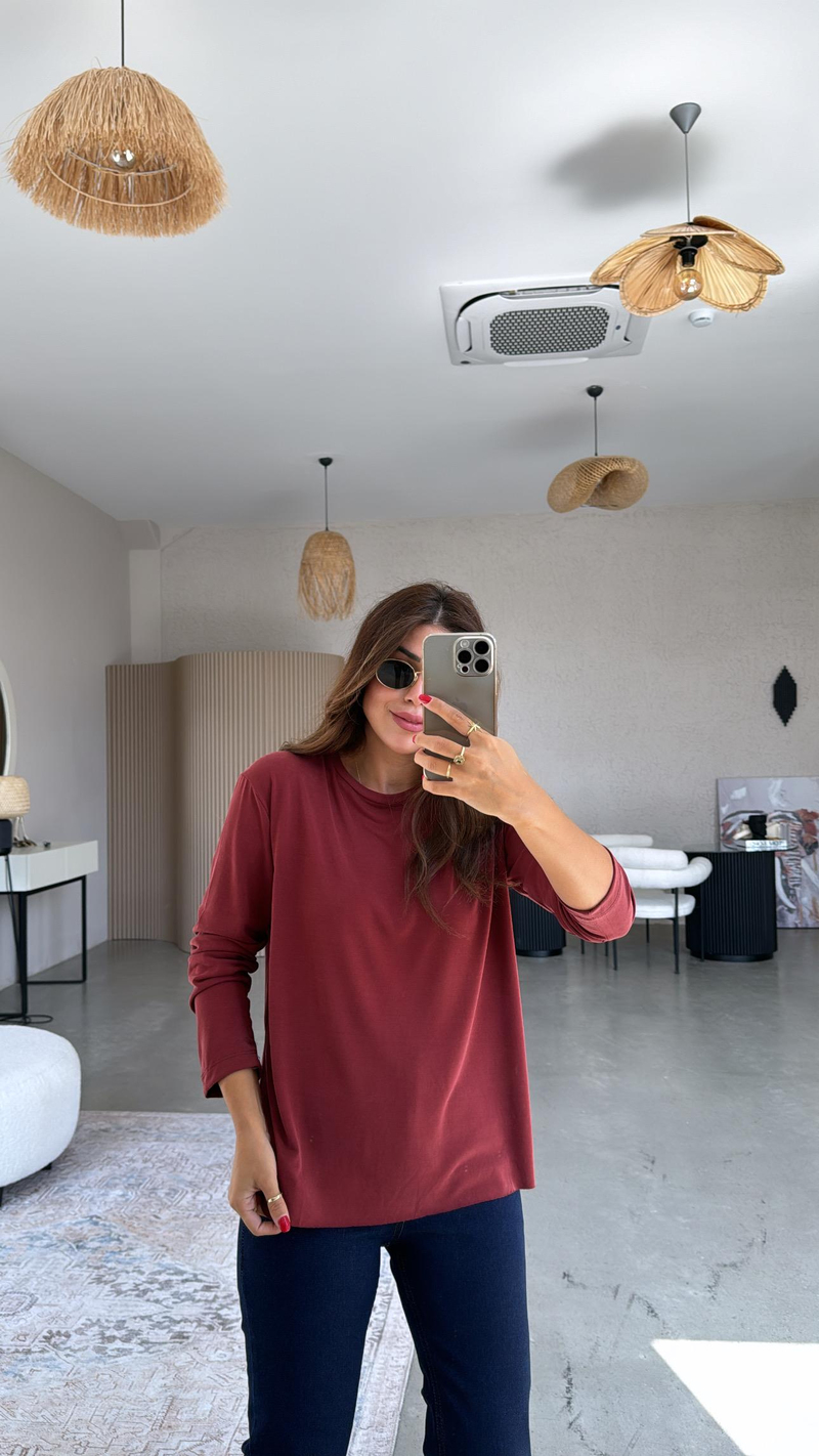 Bordo Uzun Kol Oys Basic Bluz