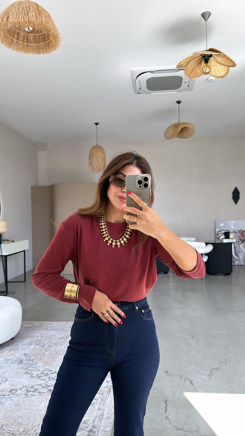 Bordo Uzun Kol Oys Basic Bluz