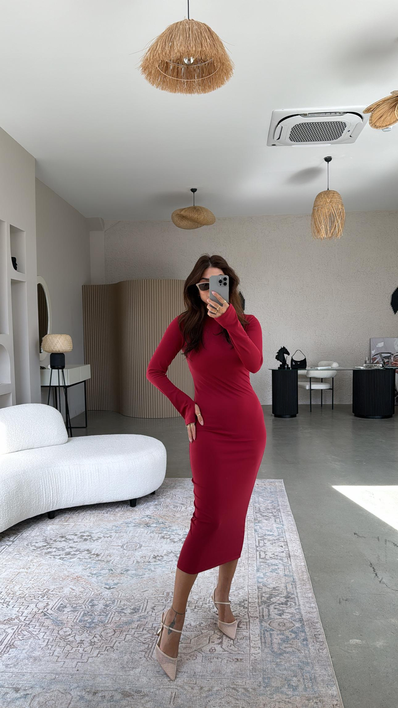 Bordo Uzun Kollu Parmak Geçme Elbise