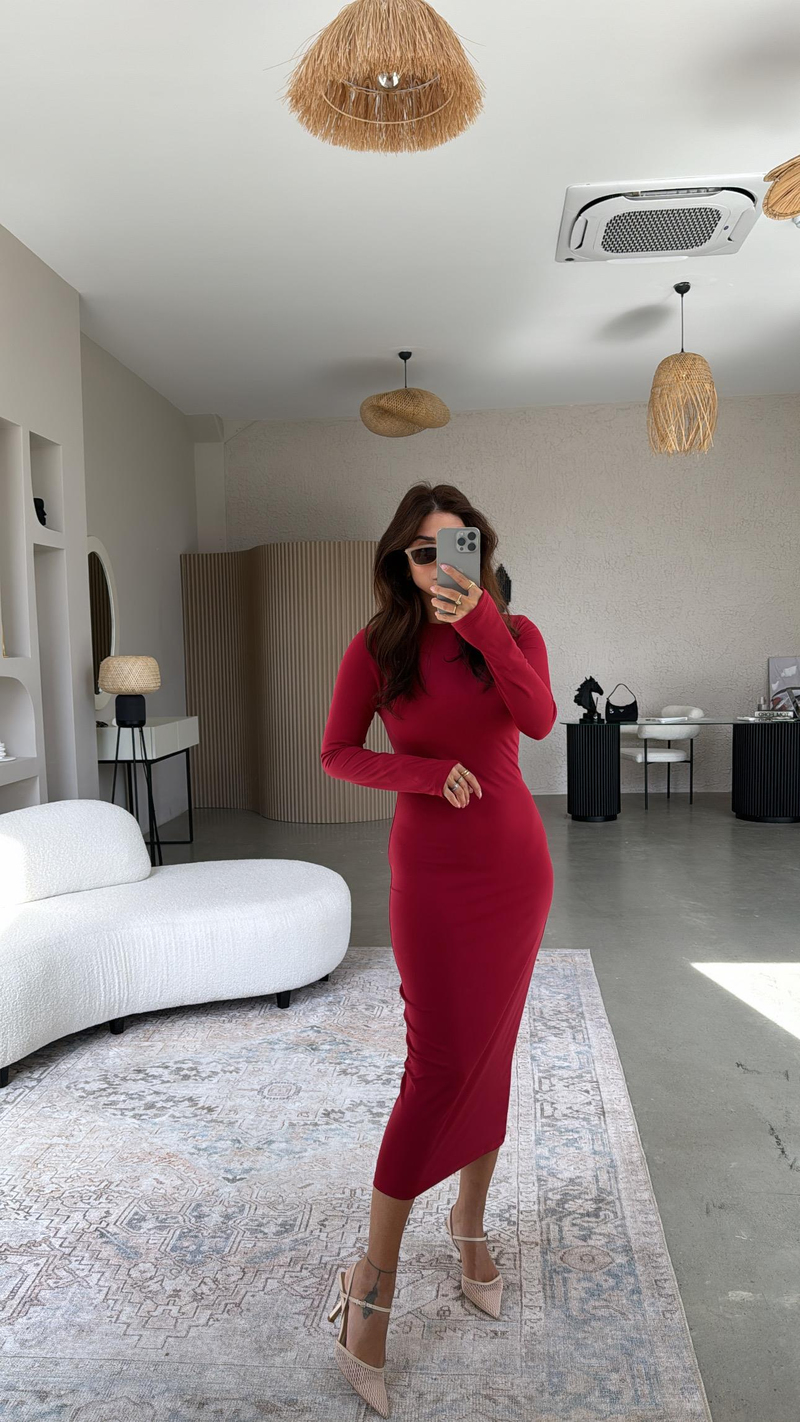 Bordo Uzun Kollu Parmak Geçme Elbise