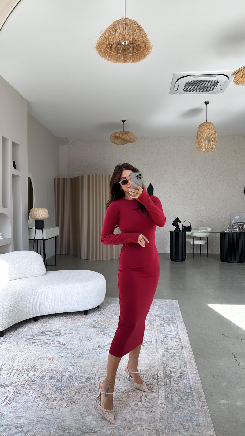 Bordo Uzun Kollu Parmak Geçme Elbise